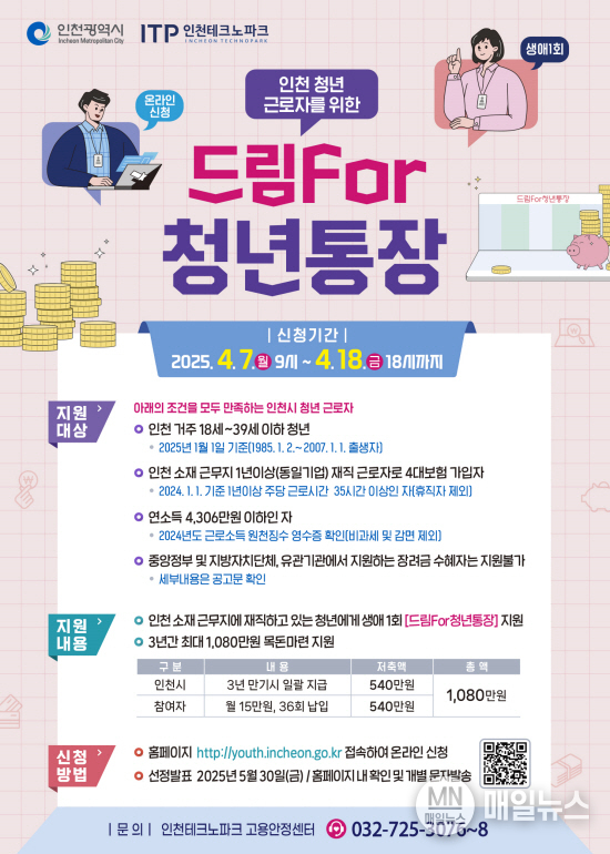 재직청년을 위한 ‘드림for청년통장’ 모집 안내 포스터 ⓒ 인천시
