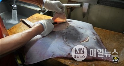 대청도 홍어를 손질하는 장면. 지역 어민이 직접 잡아 손질한 홍어로 다양한 향토 요리를 선보인다. (사진=식품산업육성지원센터 제공)