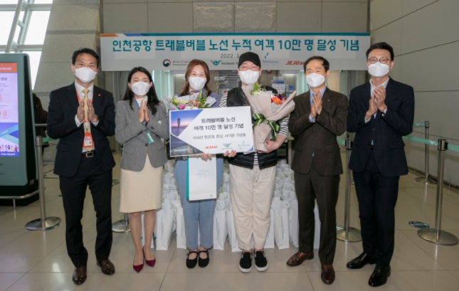 18일 오전(08시) 인천공항 제1여객터미널 12번 탑승게이트에서 열린 ‘트래블버블 노선 누적여객 10만 명 달성 기념행사’에서 인천국제공항공사 김범호 미래사업본부장(사진 오른쪽에서 2번째), 제주항공 고경표 커머셜본부장(사진 오른쪽에서 6번째), 마리아나관광청 한국 사무소 김세진 이사(사진 오른쪽에서 5번째)가 트래블버블 노선 이용 10만 번째 여객으로 선정된 신혼부부(사진 오른쪽에서 3,4번째)와 기념촬영을 하고 있다.
